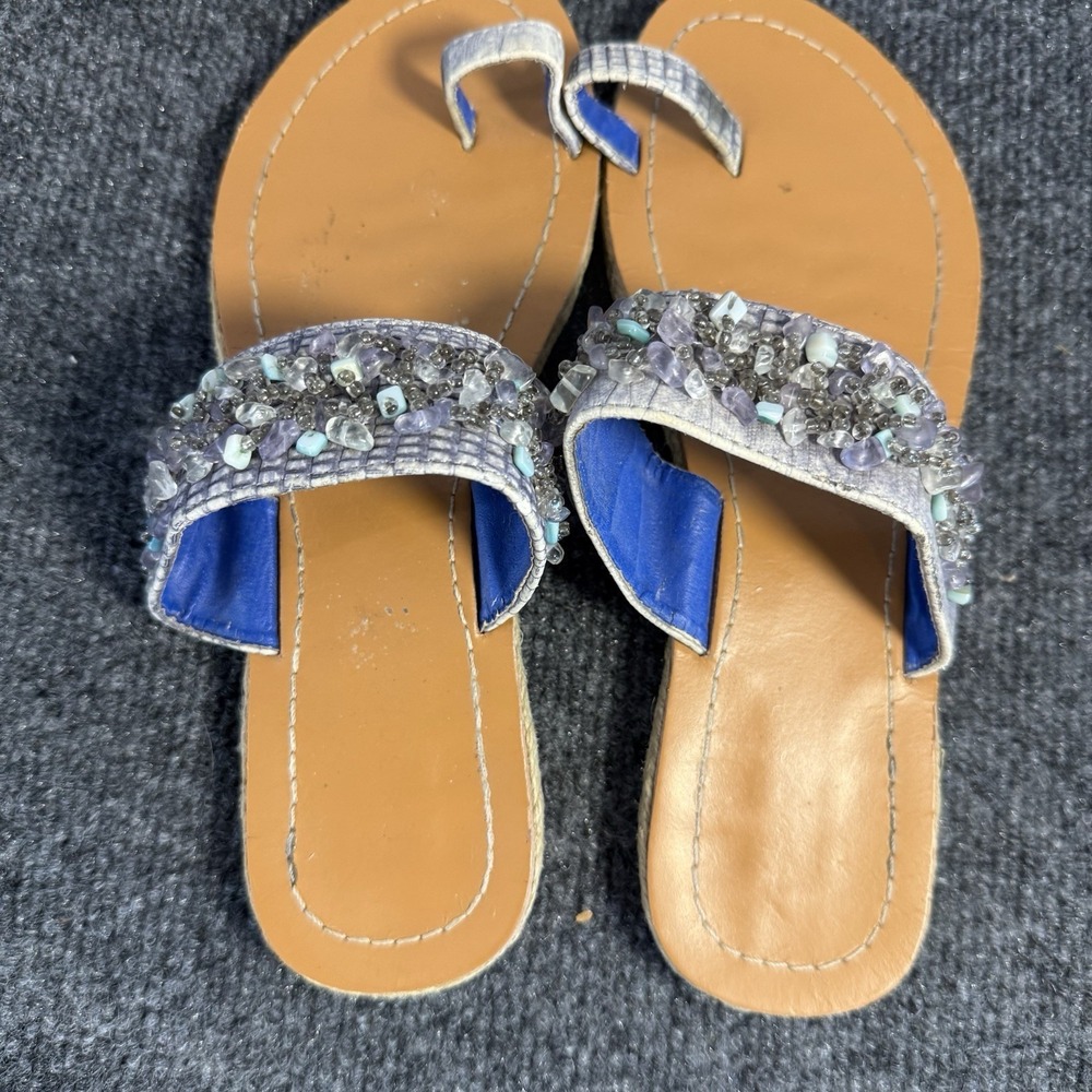 Bamboo Beaded Thong Sandals Women's Size 7 Blue Purple Boho Flip Flop Slides